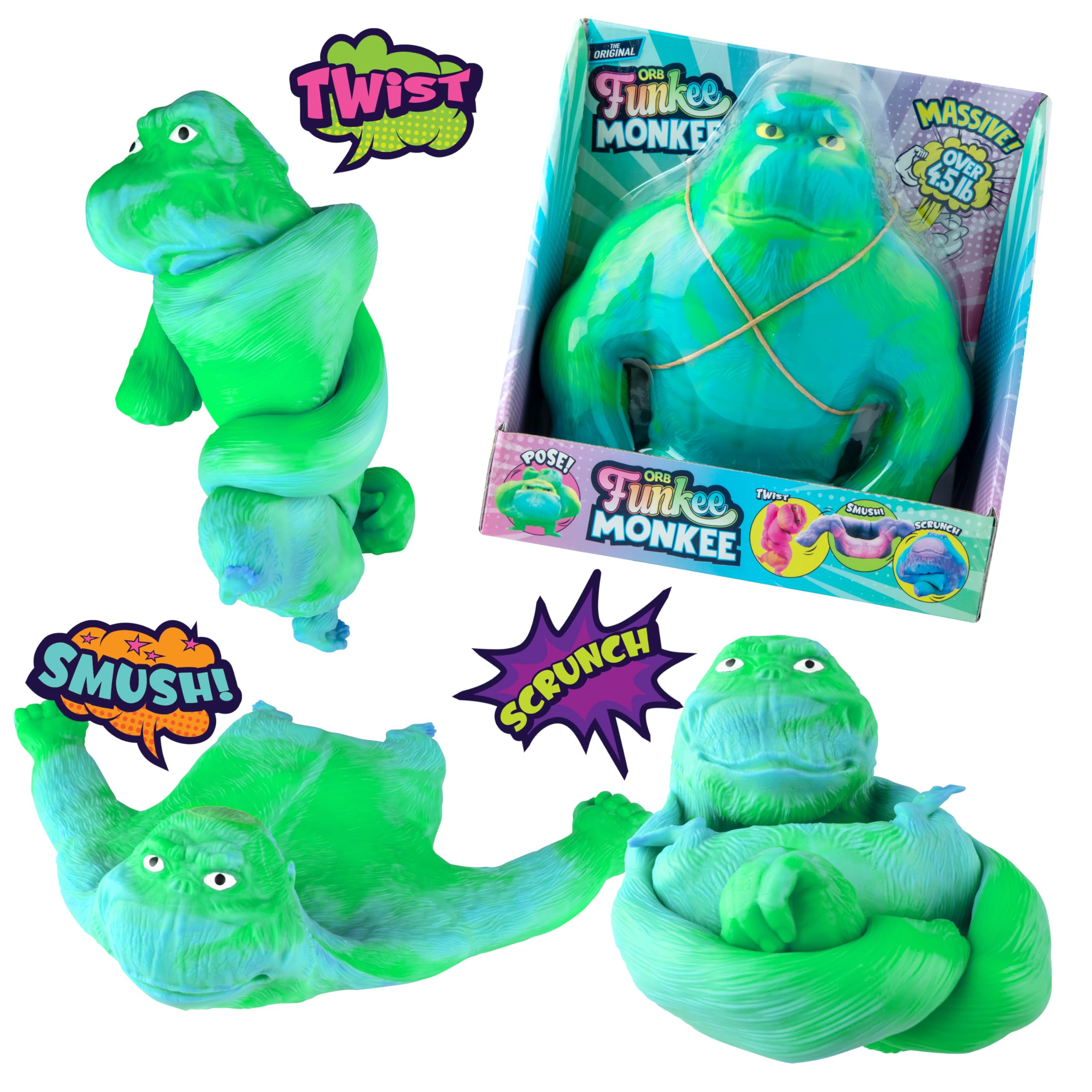 Orb Original Funkee Monkee Jumbo in green-blue skin, soft squeeze toy with stress-relief potential