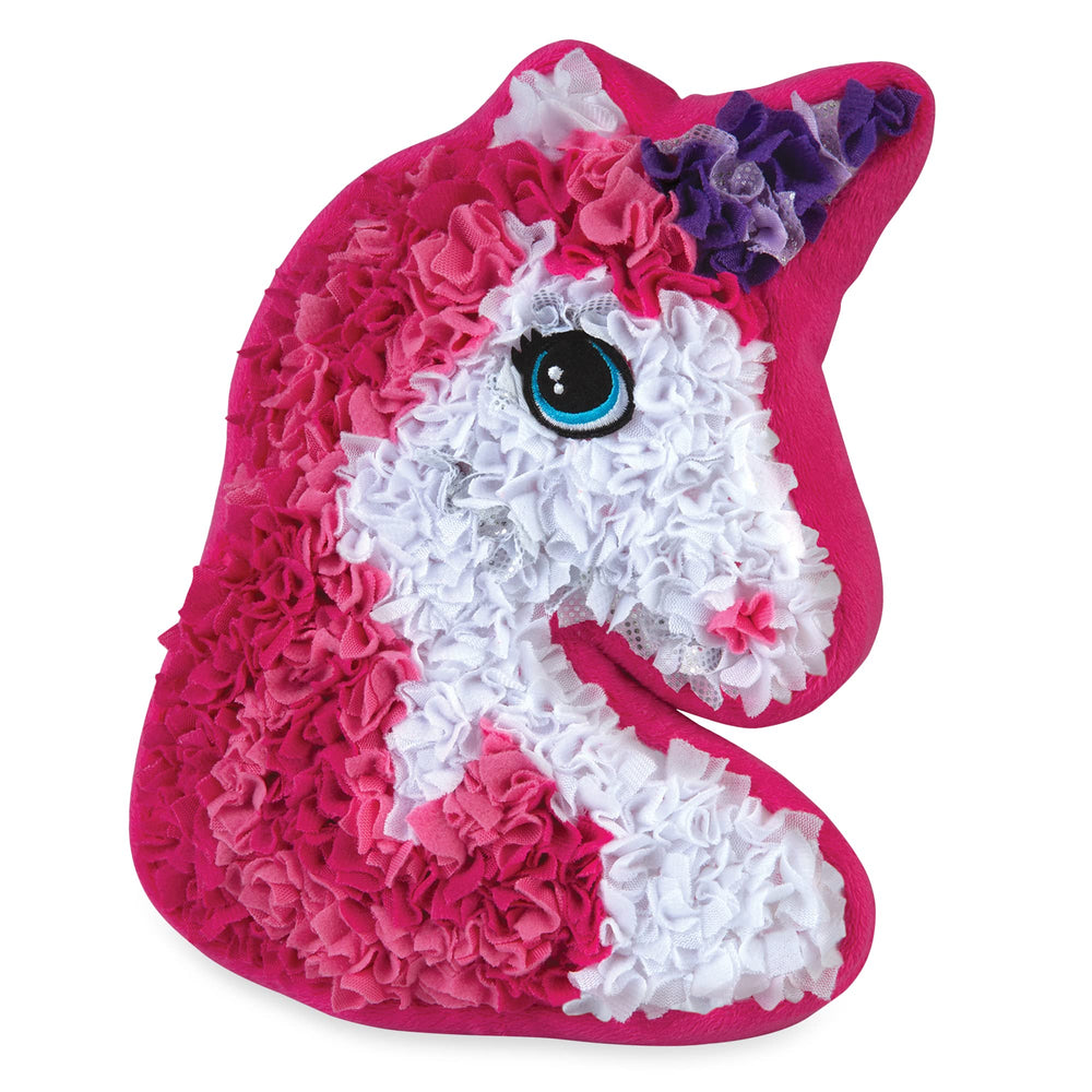The Orb Factory PlushCraft unicorn pillow features bright pink and purple colors for a vibrant finish.