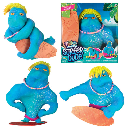 The Orb Factory Surfer Dude Funkee Monkee Jumbo posed with surfboard for durable play and display