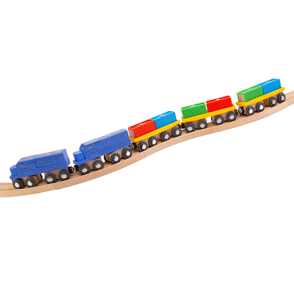 Orbrium container carriers display sturdy design for smooth wagon movement on wooden tracks.