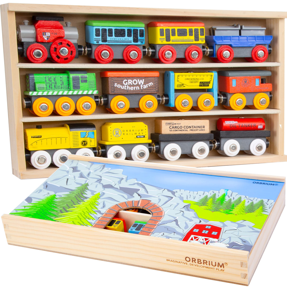 Orbrium wooden train set with 12 magnetic cars ready for play and storage
