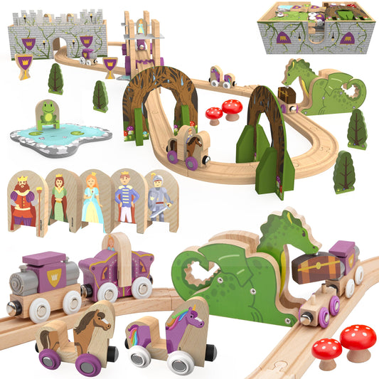 Orbrium wooden train set with castle, dragon, and unicorn inspires imaginative play.