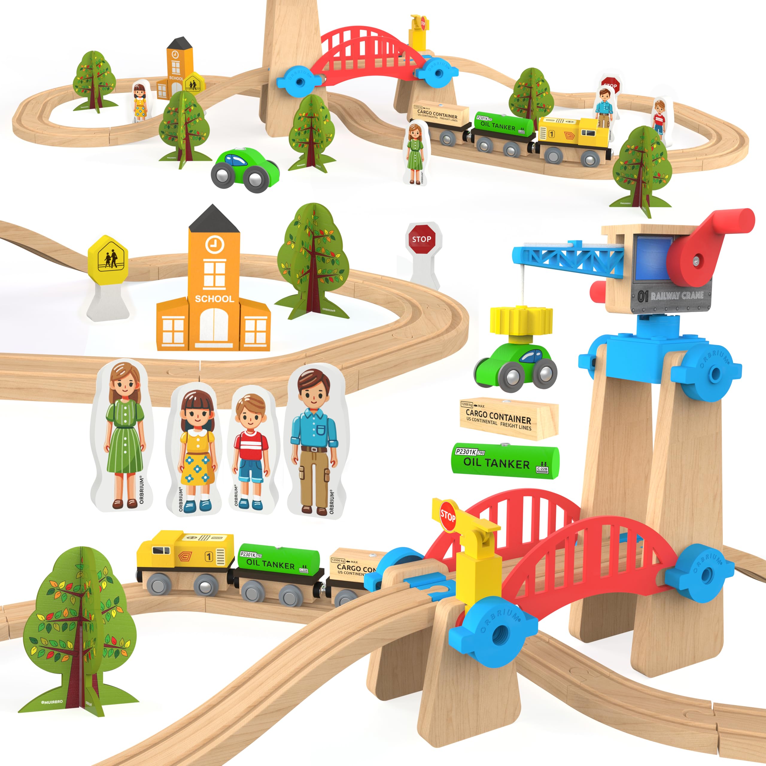 Orbrium wooden train set with crane tower for interactive construction play and motor skills development