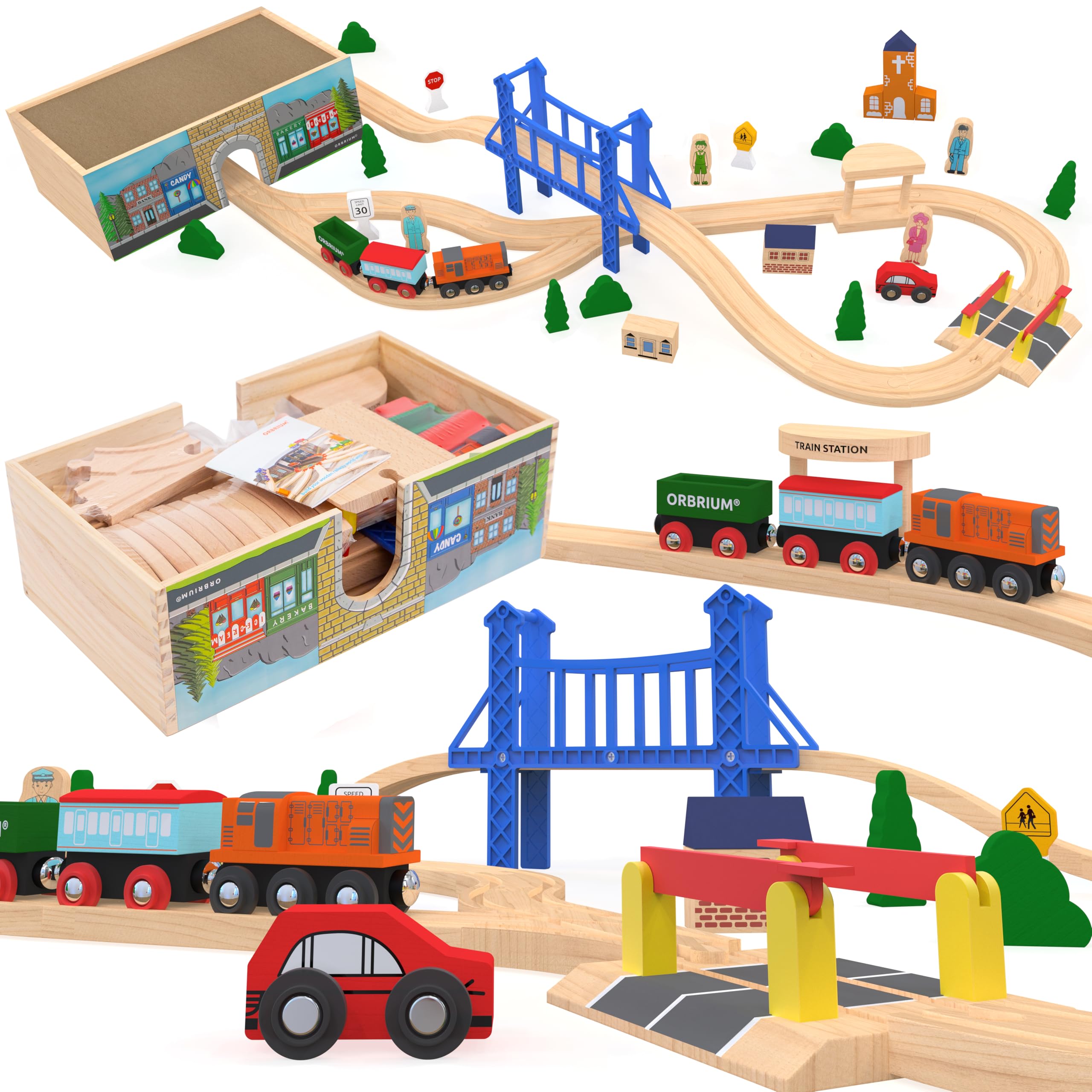 Orbrium Wooden Train Set Deluxe with rails fosters imaginative play in durable wood