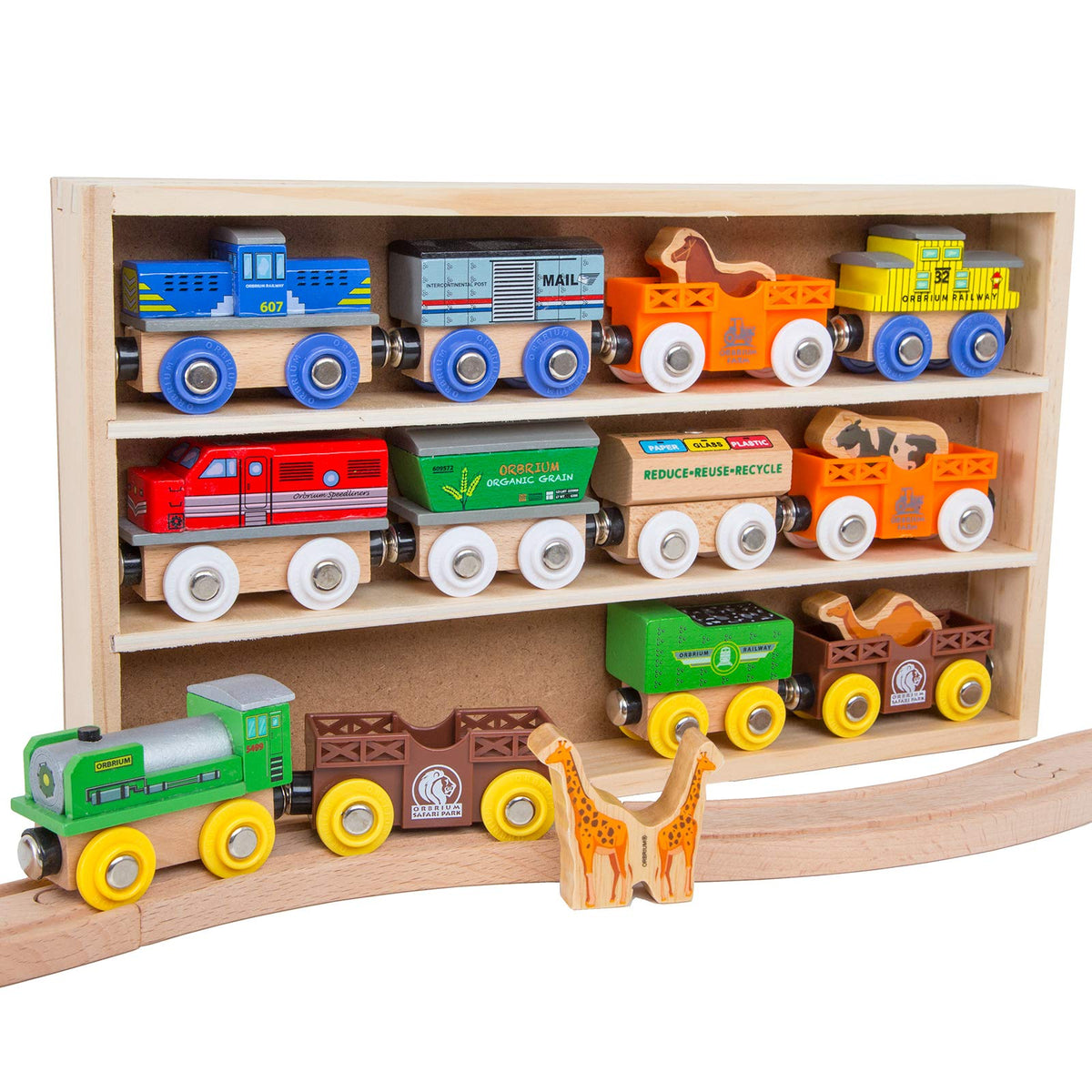 Orbrium Wooden Train Set display frame shows full 18-piece collection for imaginative play