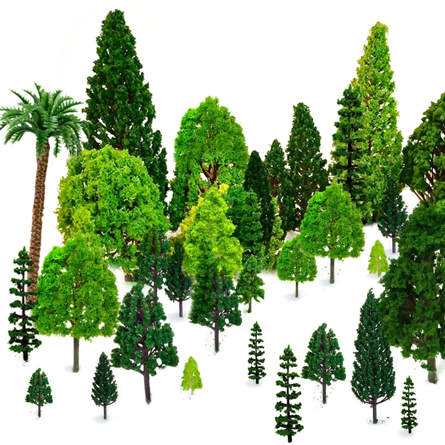 OrgMemory mixed-model trees with varied sizes enhance model railroad scenery.