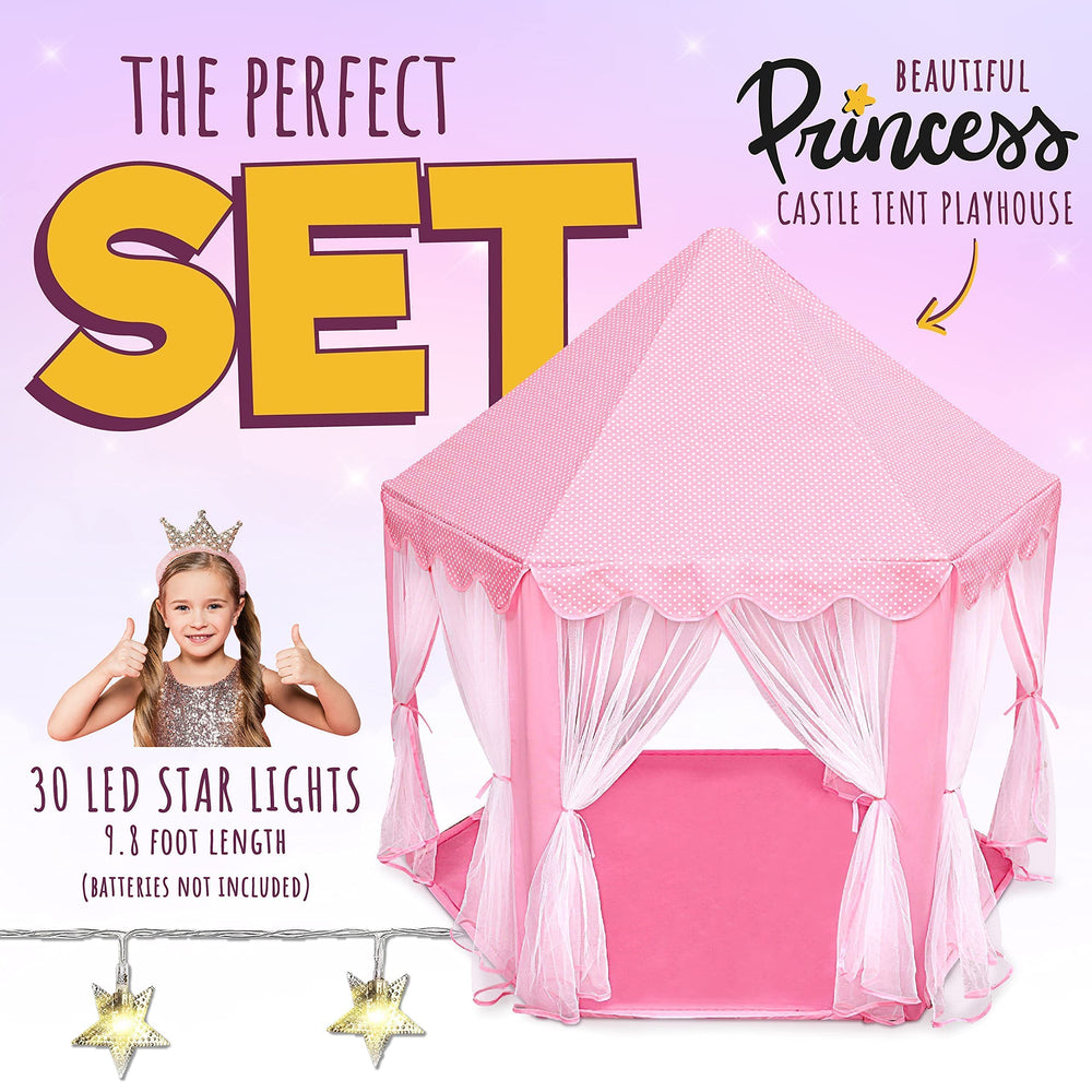 ORIAN pink castle tent set up indoors for imaginative play sessions.