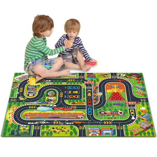 Oriate Kids Dream Mat Racetrack Playmat with a vibrant race course for indoor car toy adventures