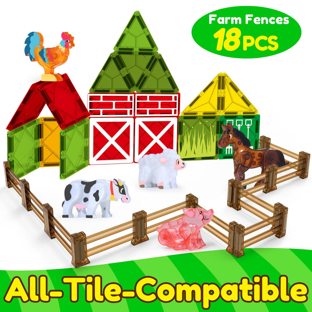 Oriate magnet tiles set helps form farm and zoo layouts with flexible building blocks.