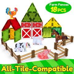 Oriate magnet tiles set helps form farm and zoo layouts with flexible building blocks.
