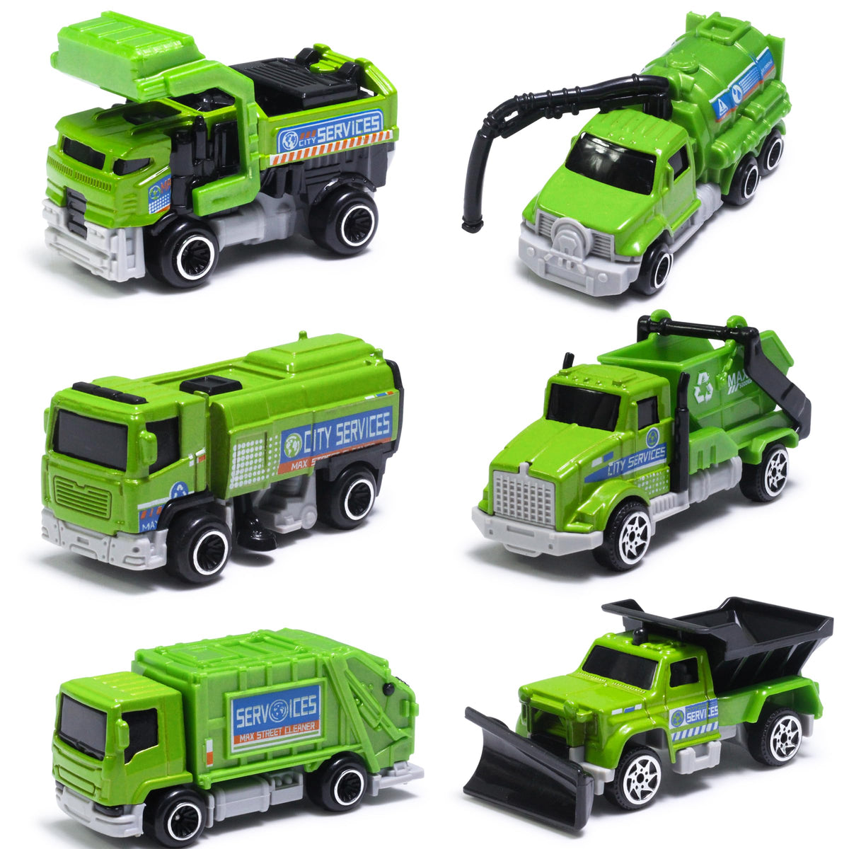 Oriate mini die-cast 1:64 garbage trucks for immersive pretend play.
