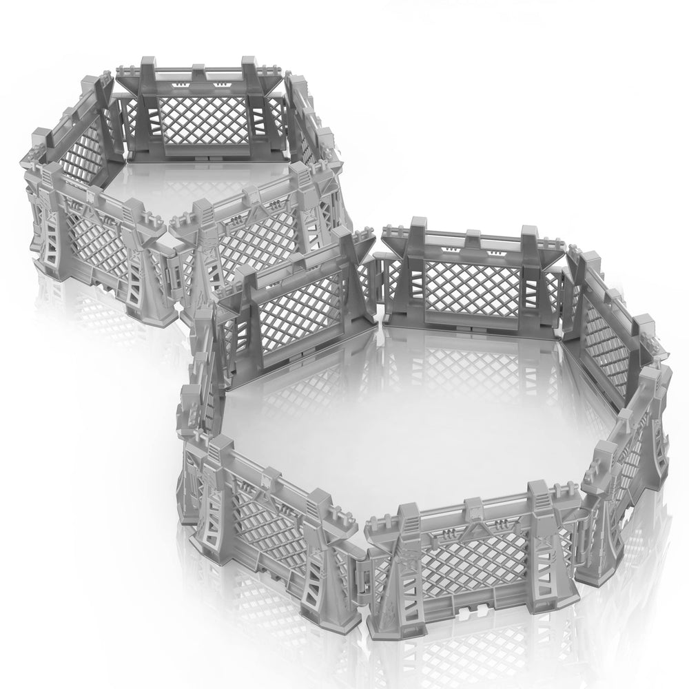 Oriate dinosaur cage fence assembly shows modular pieces for expandable playtime.