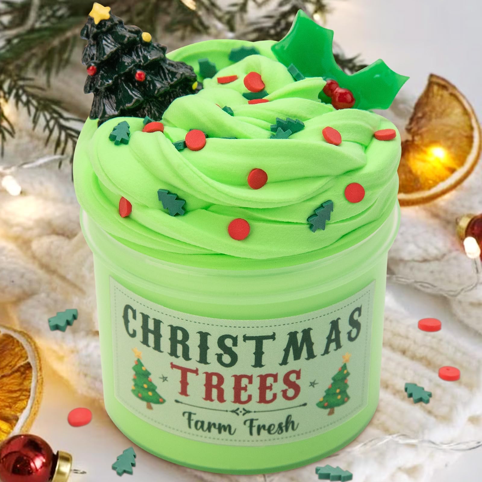 Oriental Cherry peppermint bark slime ball with chewy texture for play.