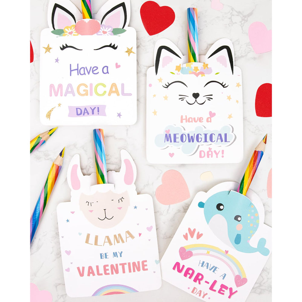 Oriental Cherry Valentines rainbow pencils with unicorn designs for classroom gifting.