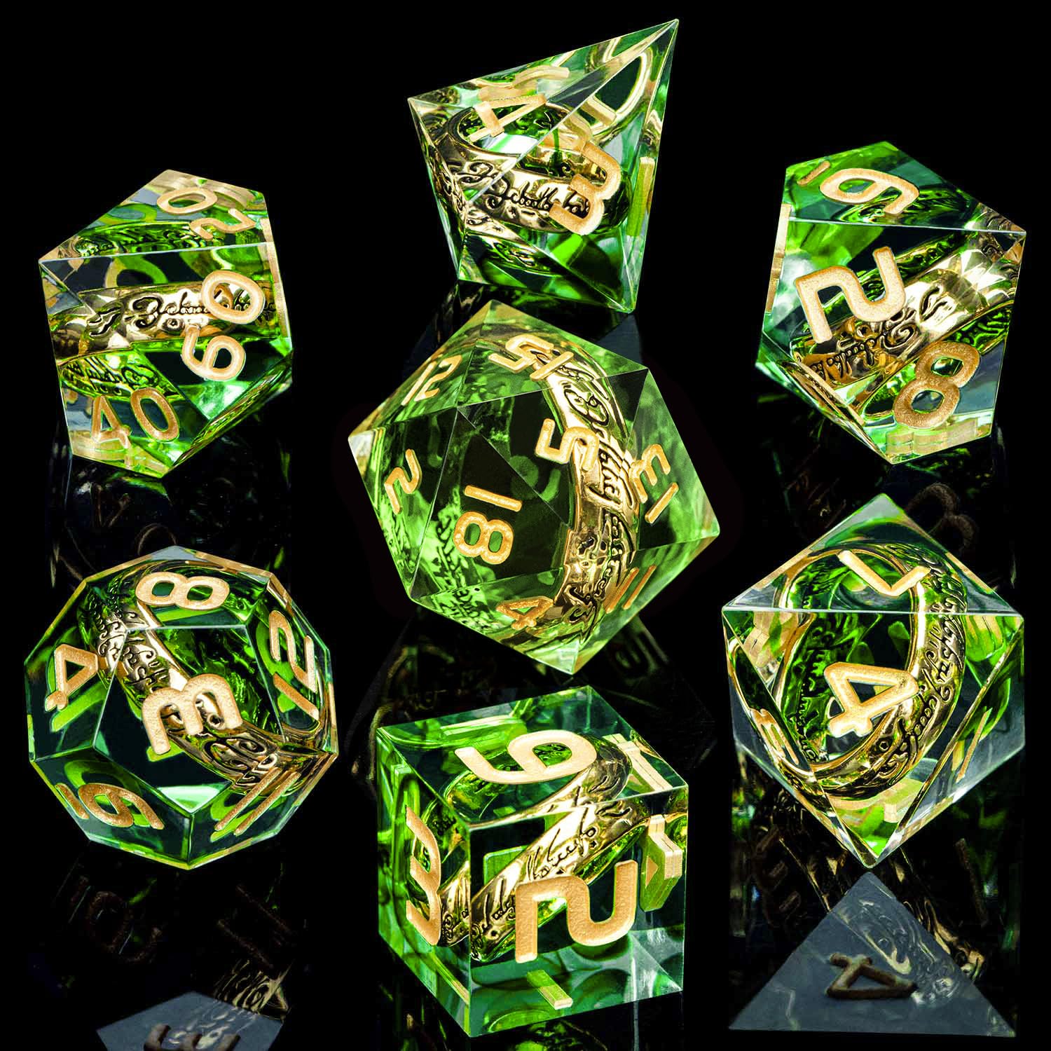 ORIFANTOU Green Sharp Edge DND dice set with box, designed for precise, readable results