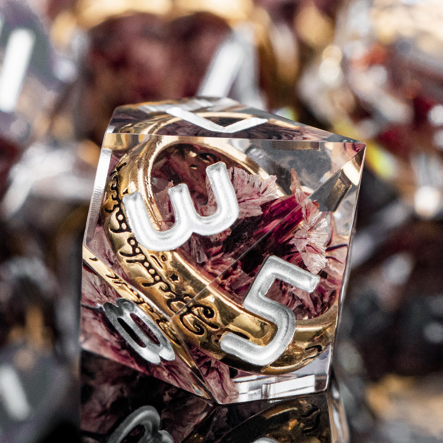 Orifantou pink flower themed DND dice set for themed campaigns.