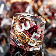Orifantou pink flower themed DND dice set for themed campaigns.