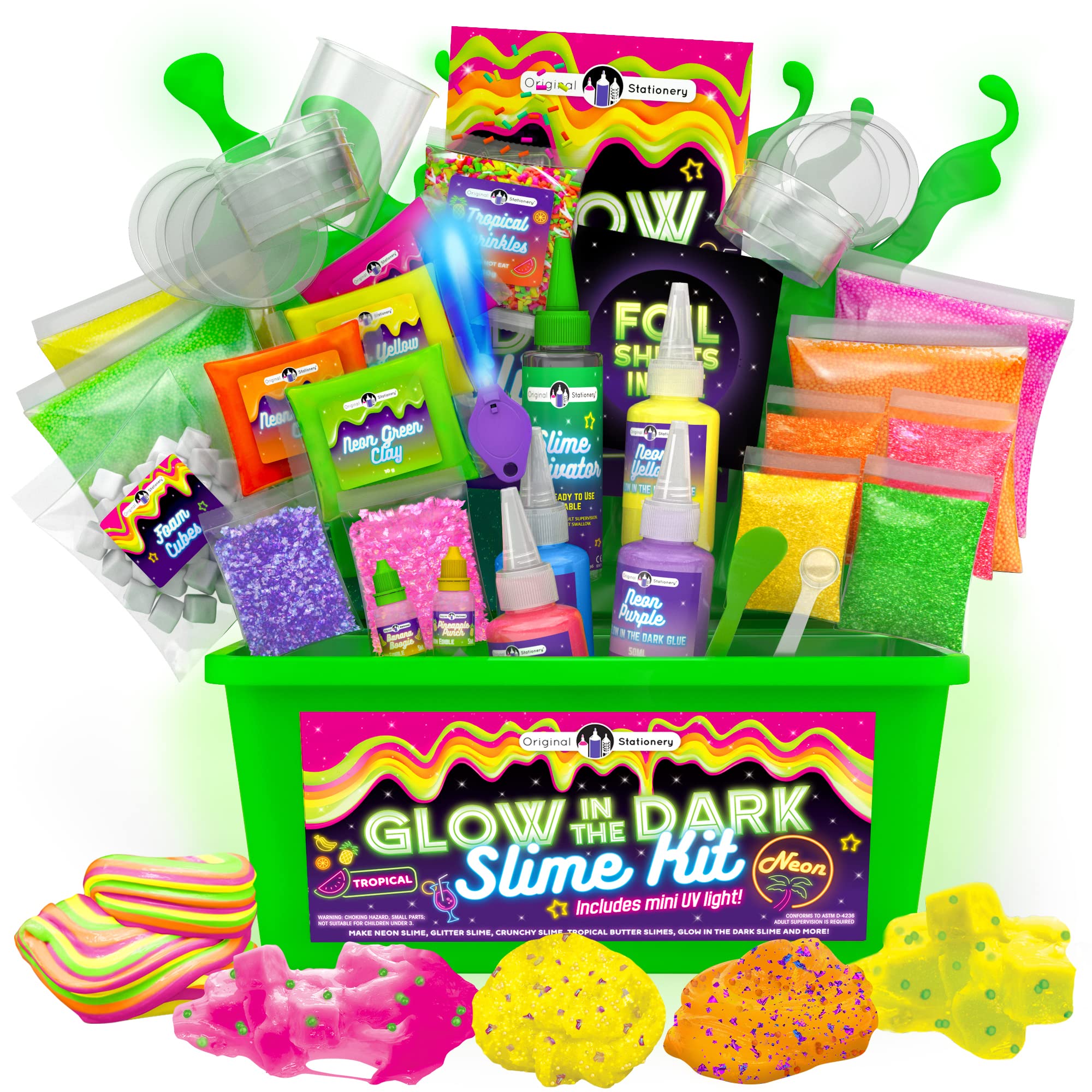 Original Stationery glow-in-the-dark slime kit bottles glow for vibrant night-time crafting.