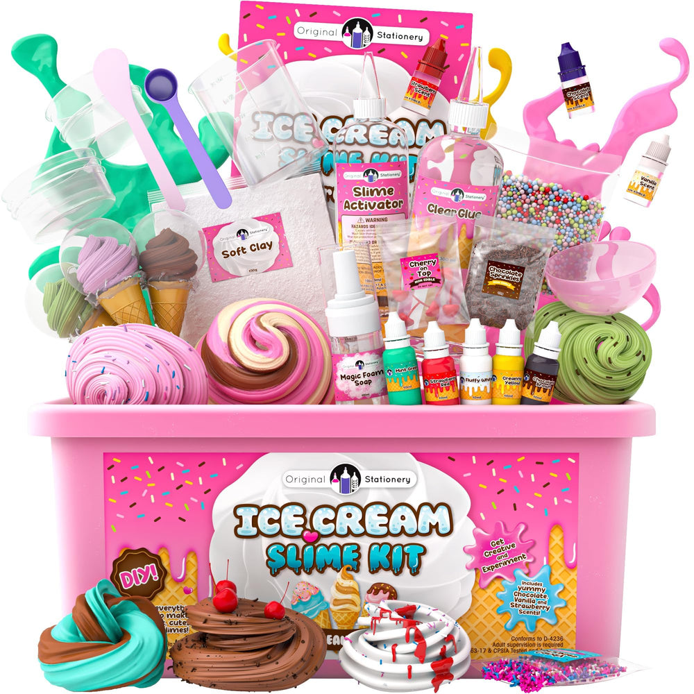 Original Stationery Ice Cream Slime Kit with 31 pieces for creative play and sensory exploration.