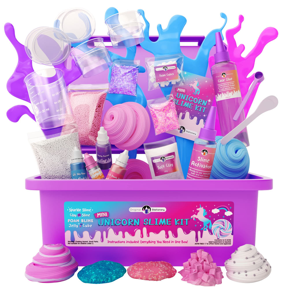 Original Stationery Mini Unicorn Slime Kit packaging view, holiday gift inspiration.