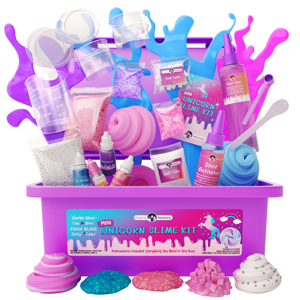 Original Stationery Mini Unicorn Slime Kit packaging view, holiday gift inspiration.