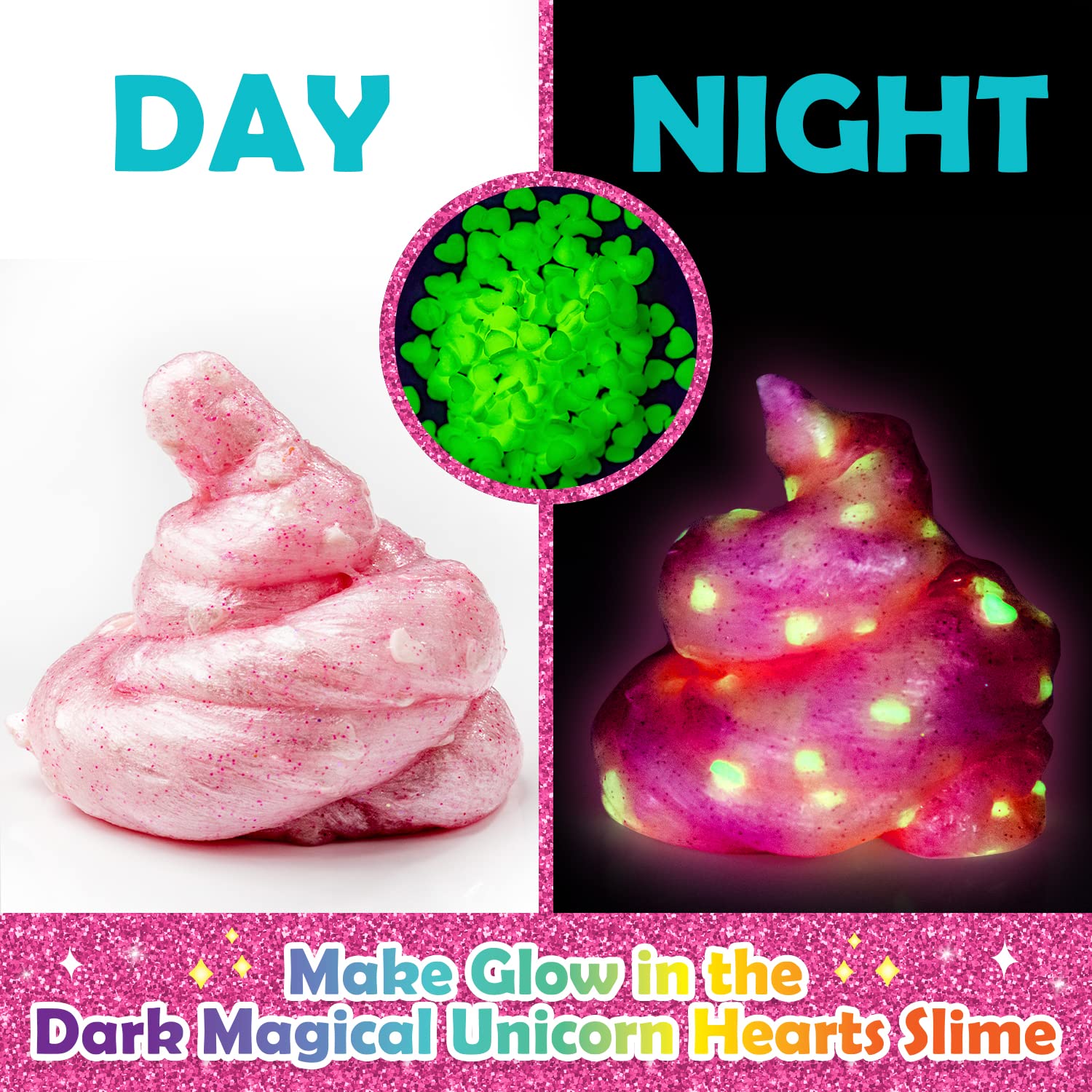 Original Stationery Unicorn Glow-in-The-Dark Slime Kit glow-in-the-dark slime effects in dim light.