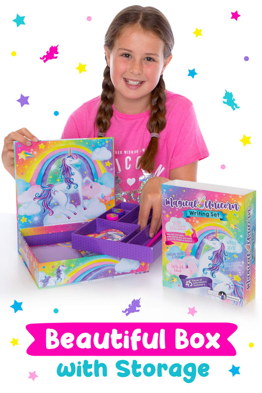Original Stationery Unicorn letter papers stacks highlight colorful sheets ready for notes