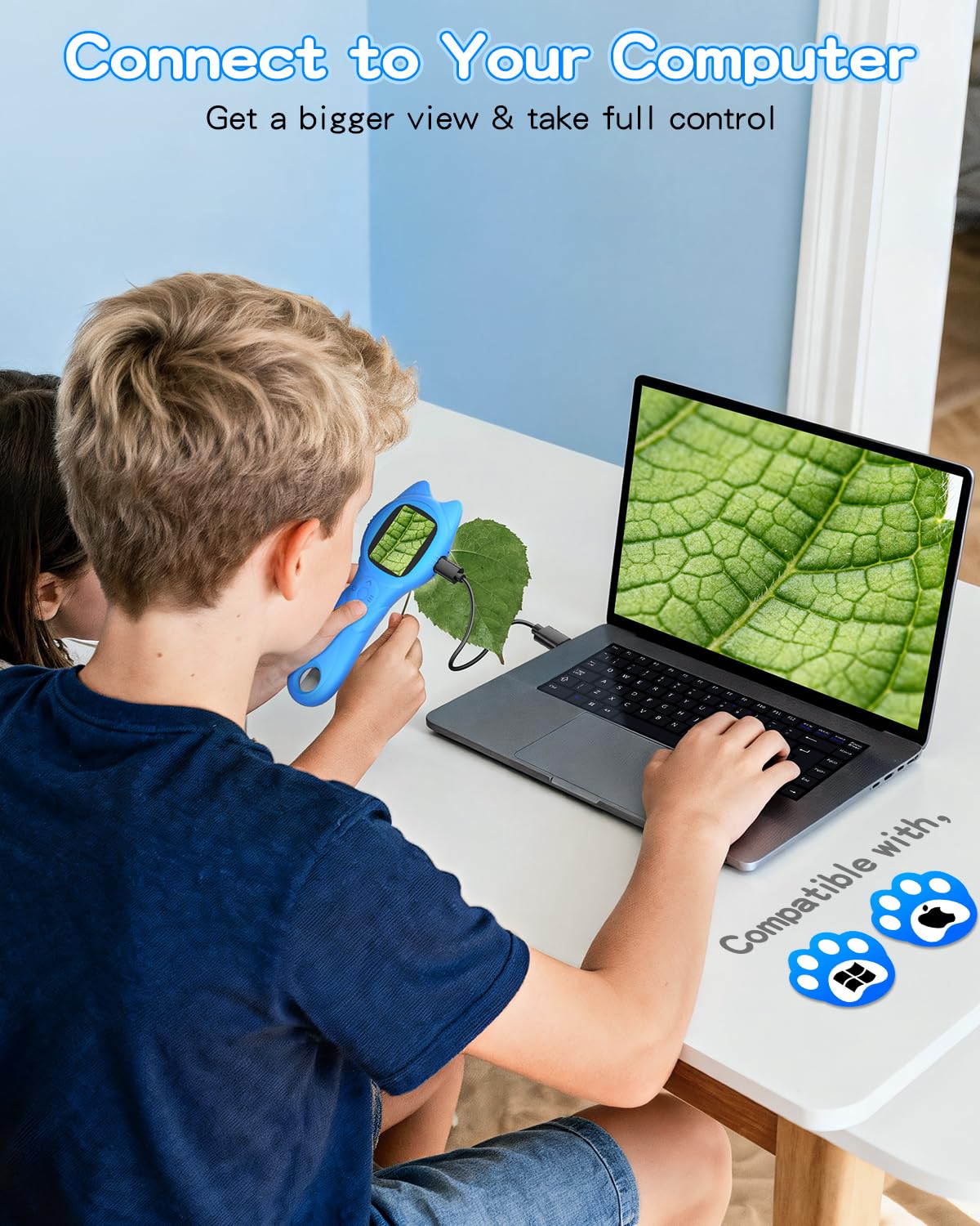 Rechargeable battery powers Oripira microscope indoors or outdoors.