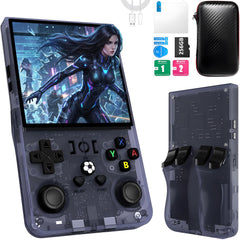 OROMVO R36MAX front view shows portable retro gaming device with translucent grey shell.