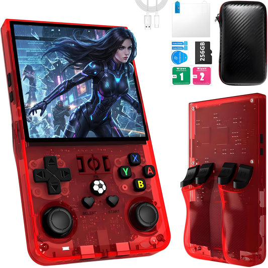 Oromvo R36MAX handheld console transparent red front view for portable retro gaming anywhere.