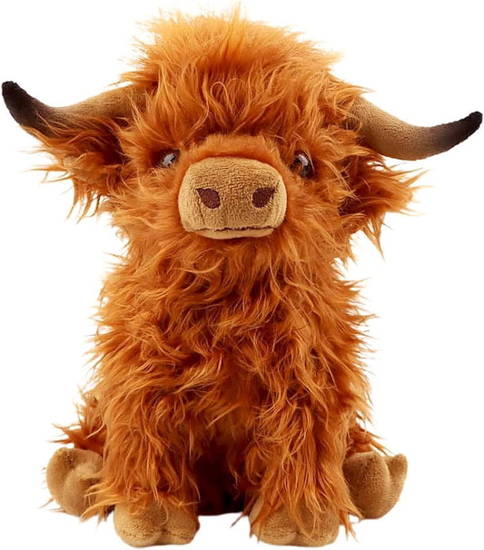 OROZCOR Highland Cow plush, 10.5-inch height, ideal for shelf decor.