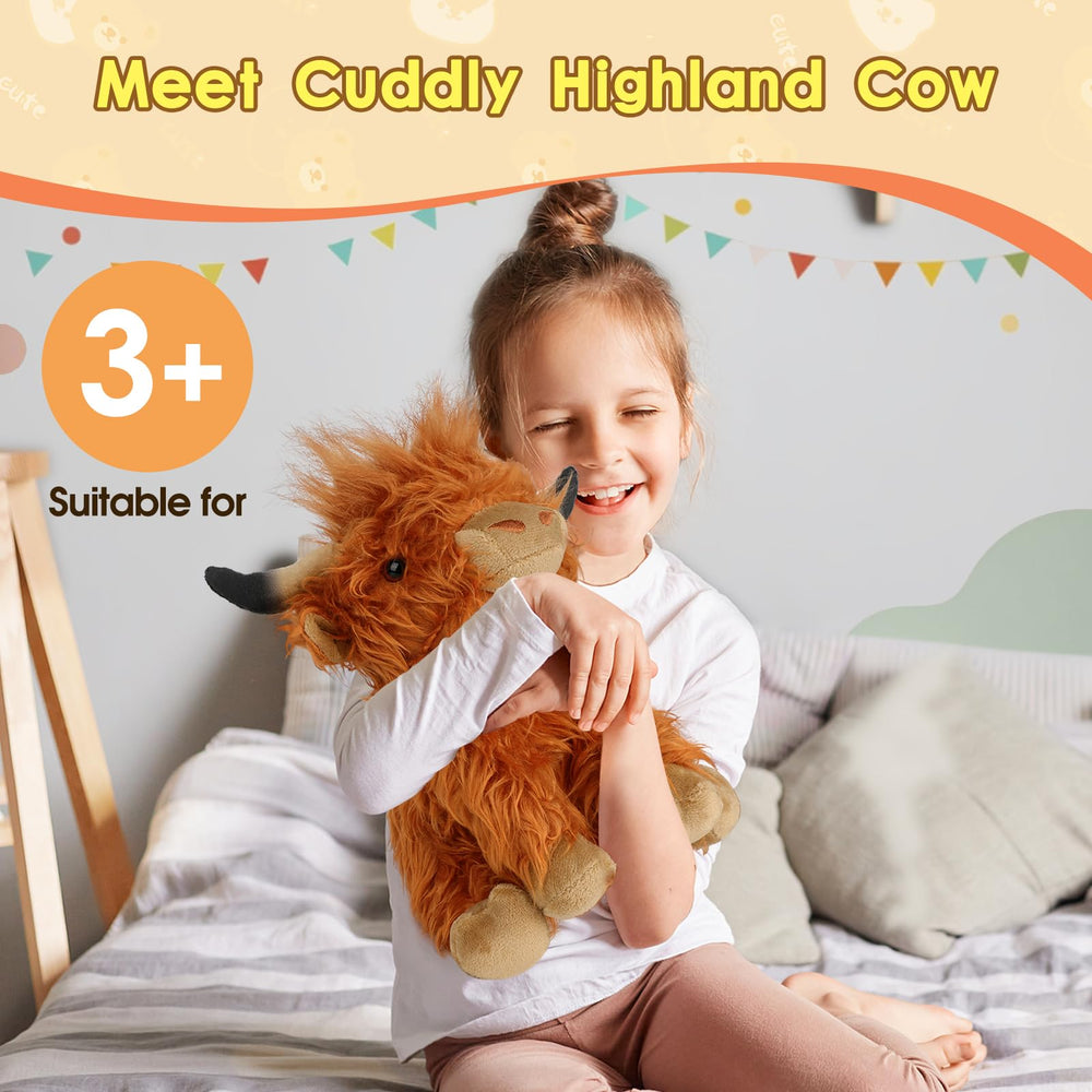 OROZCOR Highland Cow plush with long hair styling feature.