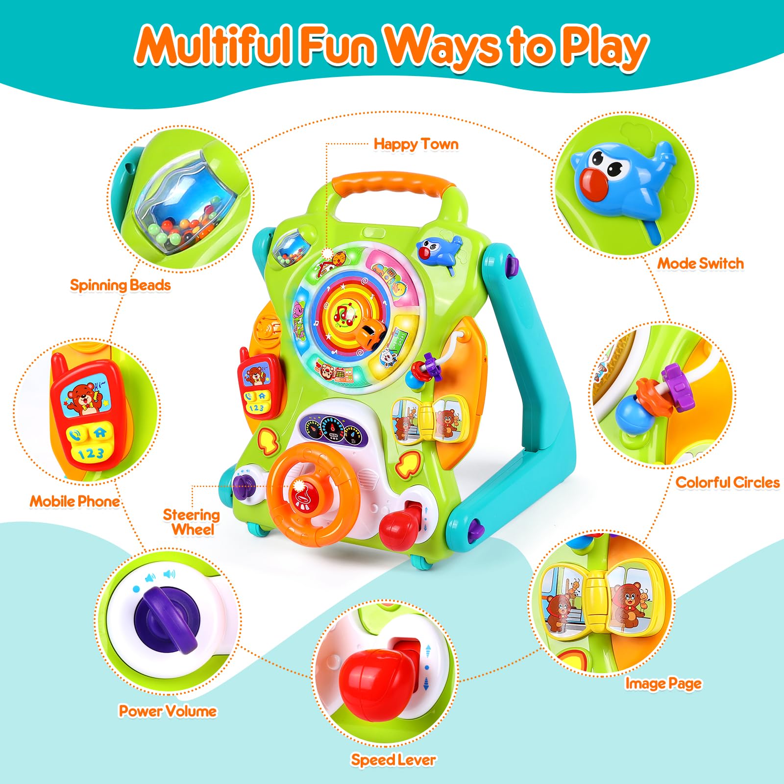 ORWINE walker features LED lights and sound effects for sensory play