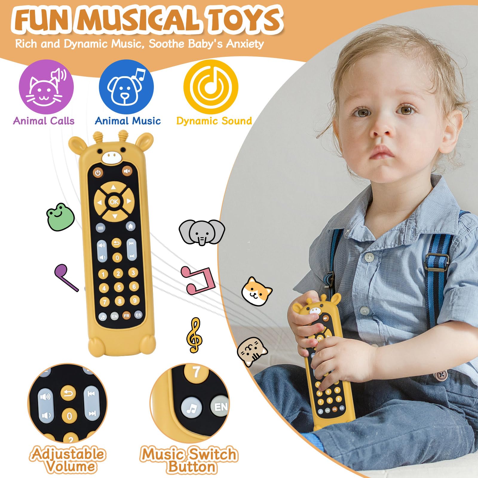 Orzbow silicone teether cover on the toy provides gentle chewing option.