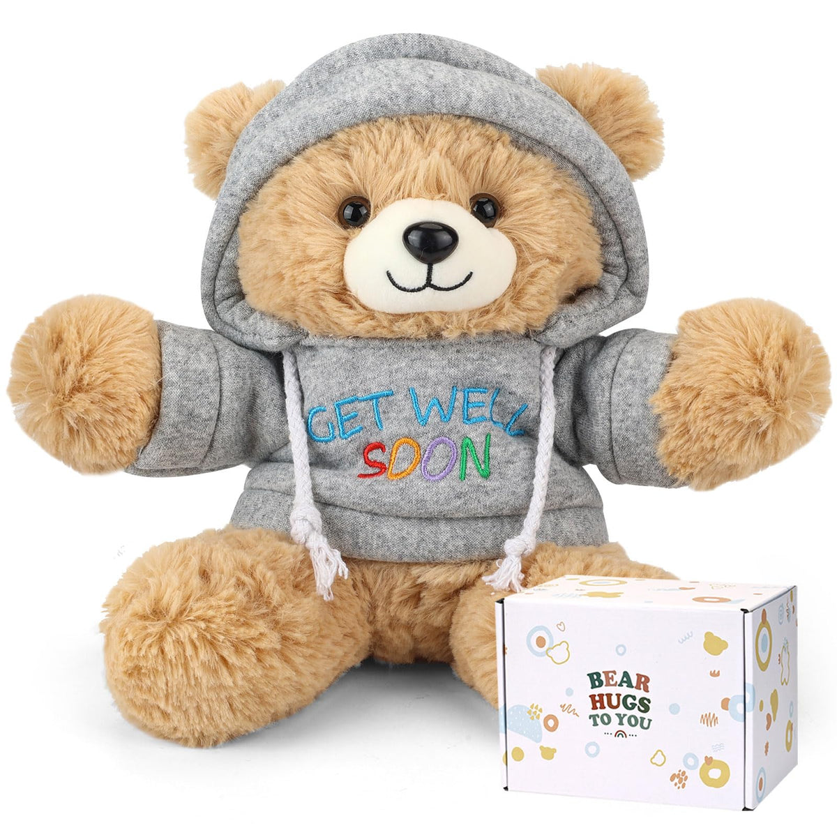 Osacoe Get Well Soon teddy bear with gift box offering comforting companionship during recovery.