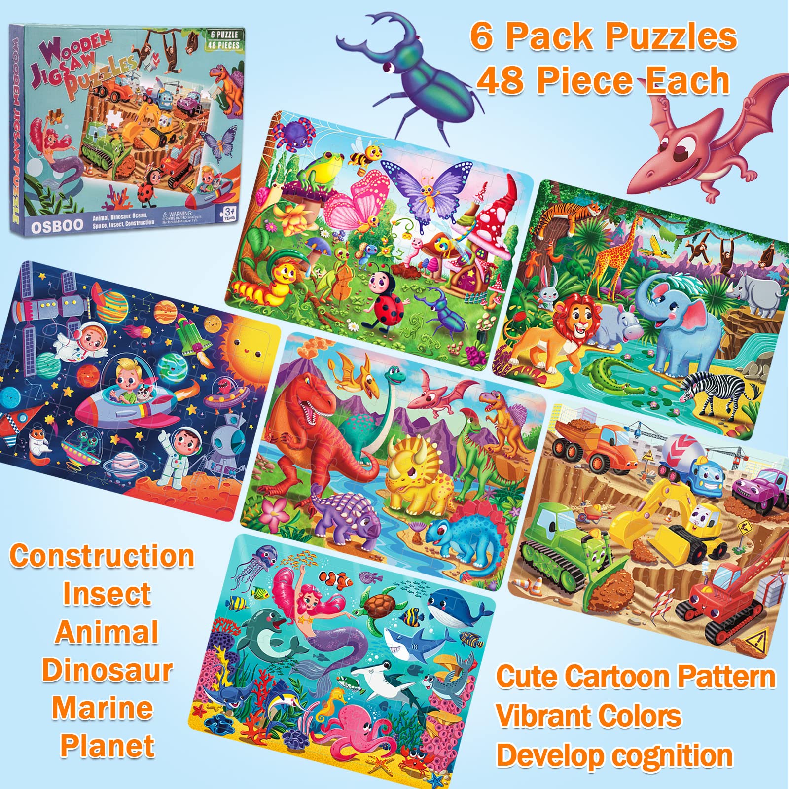 OSBOO wooden puzzle construction vehicles 48pc encourages planning and motor skills