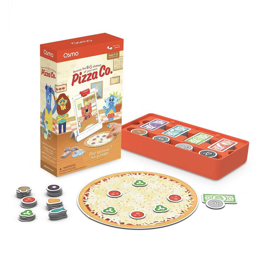 Osmo Pizza Co. game box packaging with pizza tray and toppings for hands-on learning.
