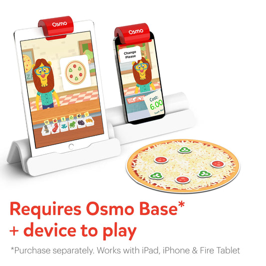 Osmo Pizza Co. game pizza tray and toppings setup for hands-on learning.