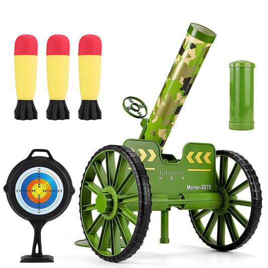 OSQI mortar launcher in green with assembly view for safe outdoor play