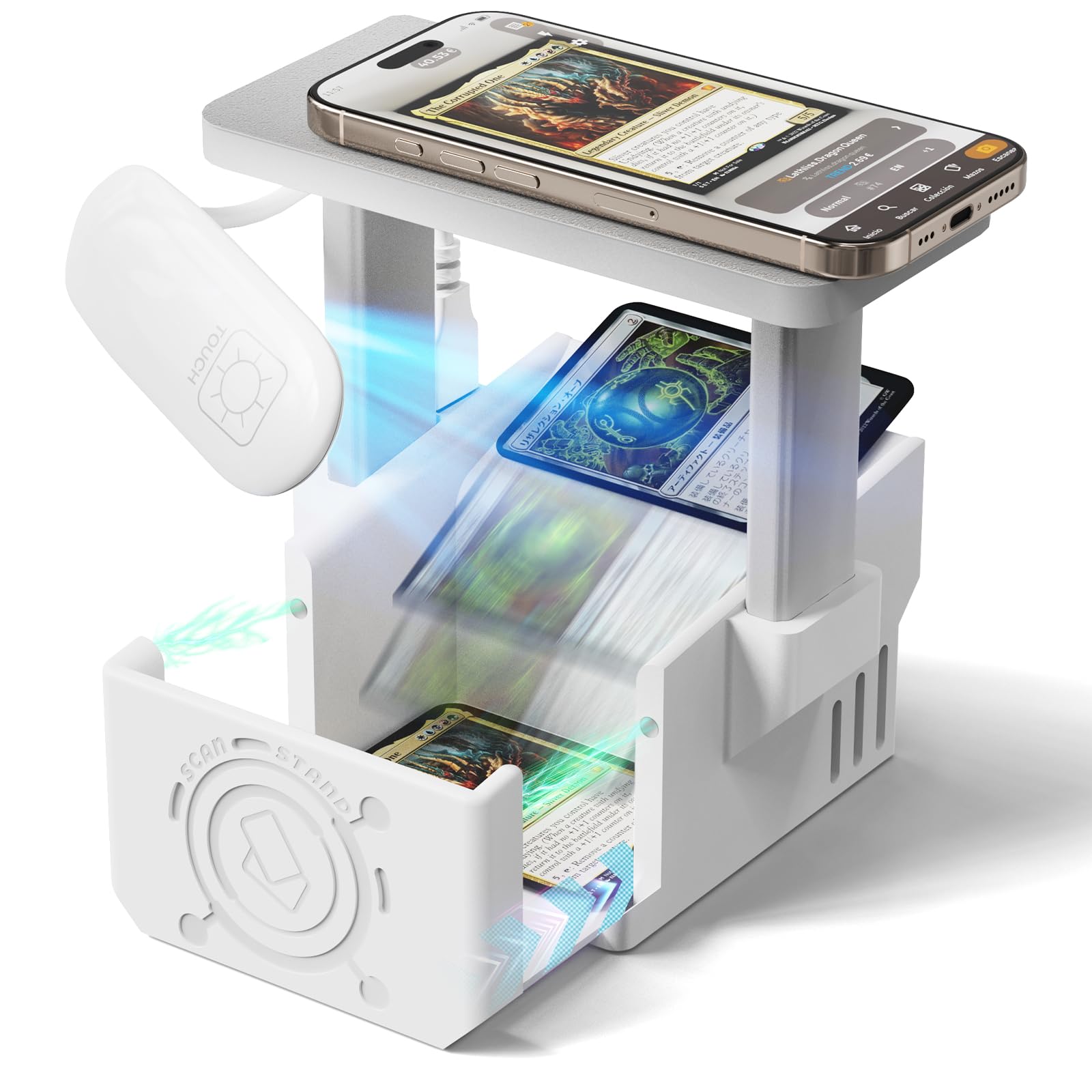OSTENBIG Card Scanner Pro on angled stand enables rapid card entry