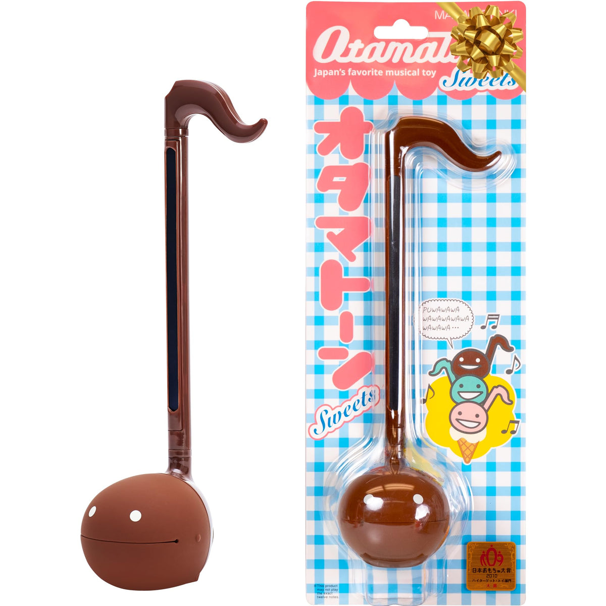 Otamatone Chocolate Edition front view shows compact, portable music toy for travel.