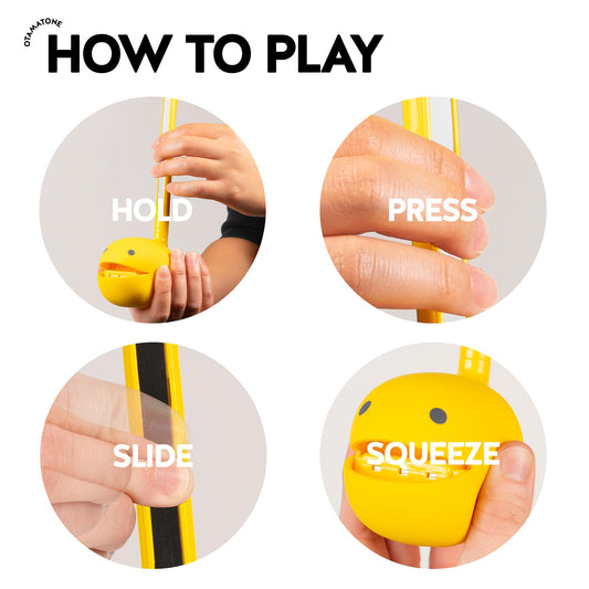 Otamatone Classic Yellow side view emphasizes slim profile ideal for travel and storage.