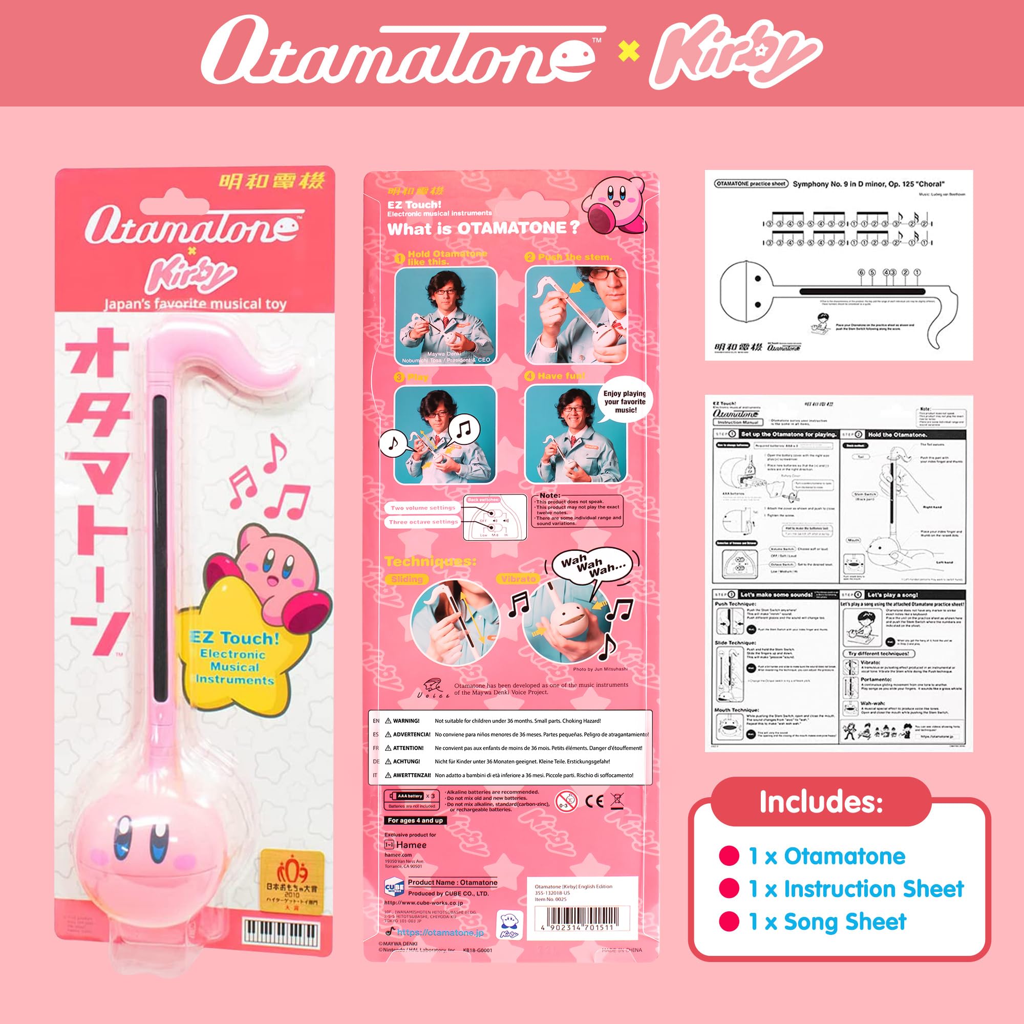 Otamatone Kirby Pink Star Hero cheeks squeezed for playful vibrato and expression.