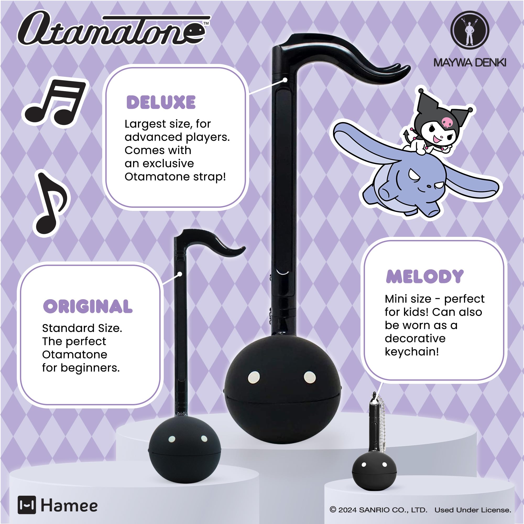 Otamatone Sanrio Kuromi official licensed Hello Kitty branding logo close-up