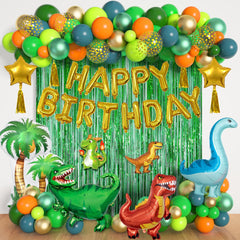 Ouddy Life dinosaur balloon arch kit showcases a jungle backdrop for a birthday party