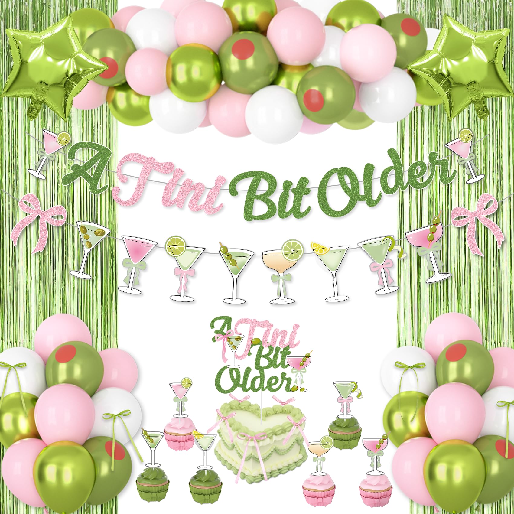 Ouddy Party A Tini Bit Older banner enhances birthday decor with glittery pink-green accents