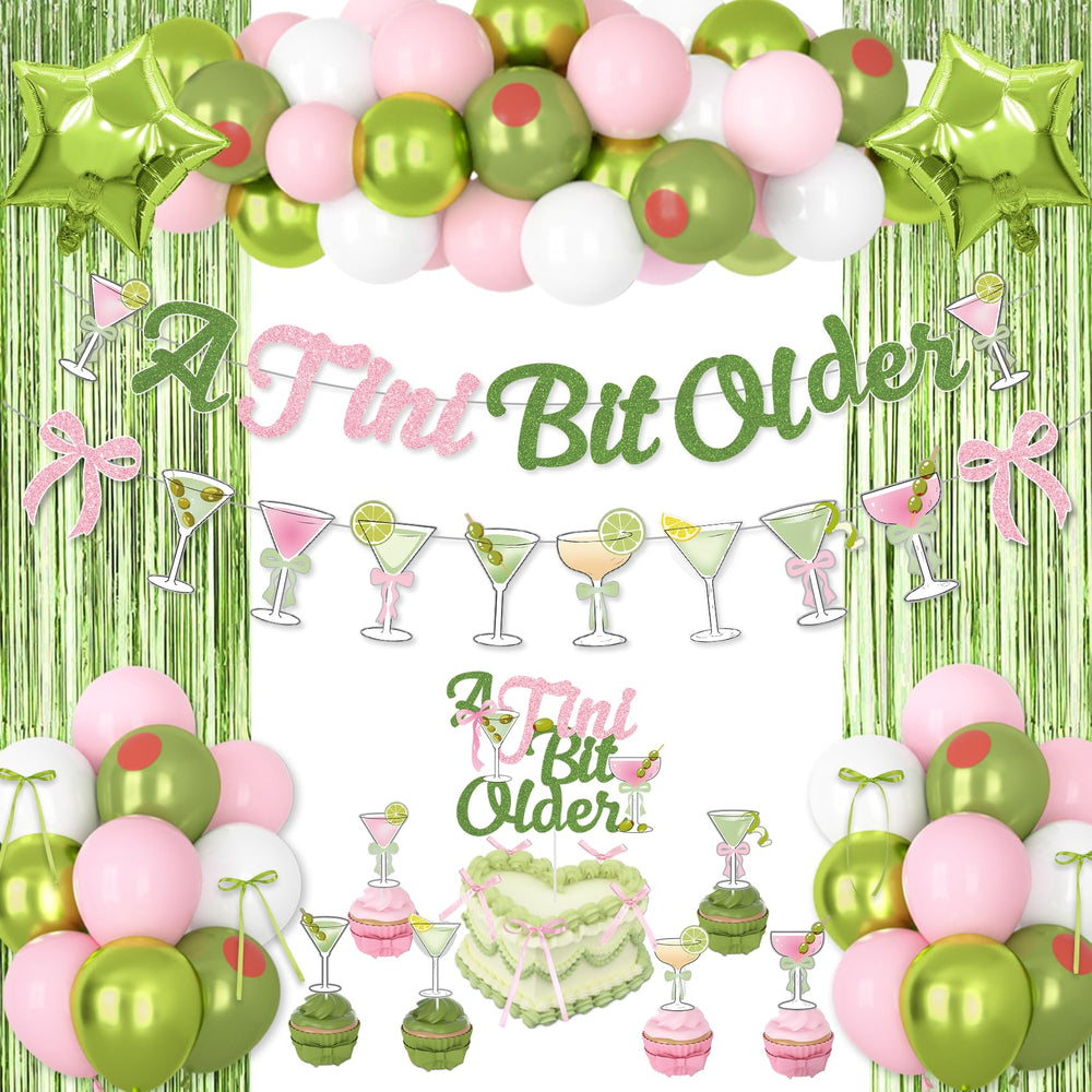 Ouddy Party A Tini Bit Older banner enhances birthday decor with glittery pink-green accents