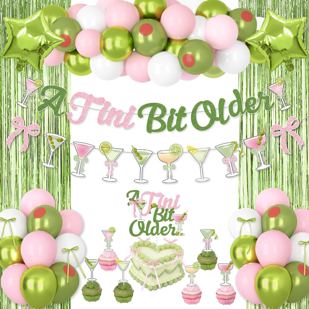 Ouddy Party A Tini Bit Older banner enhances birthday decor with glittery pink-green accents