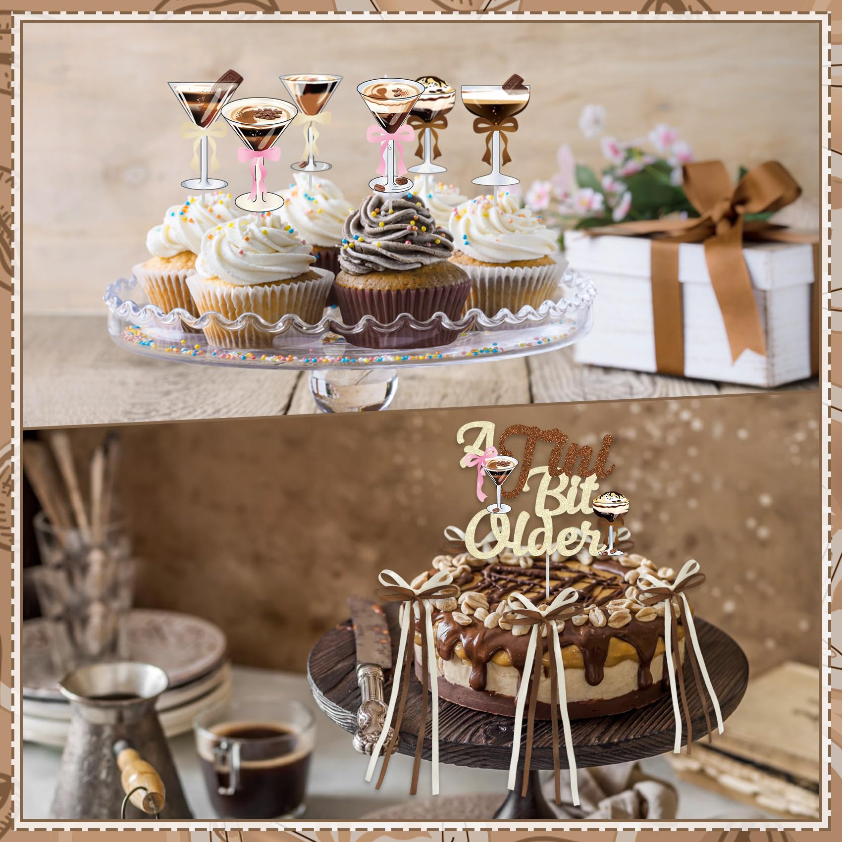 Ouddy Party a tini bit older cake toppers decorate desserts with playful charm.
