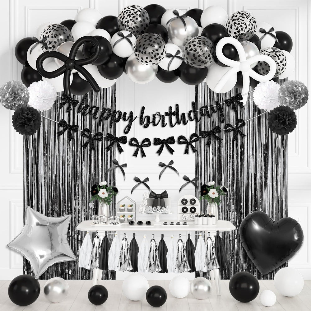 Ouddy Party black bow banner for birthdays, chic backdrop and style.